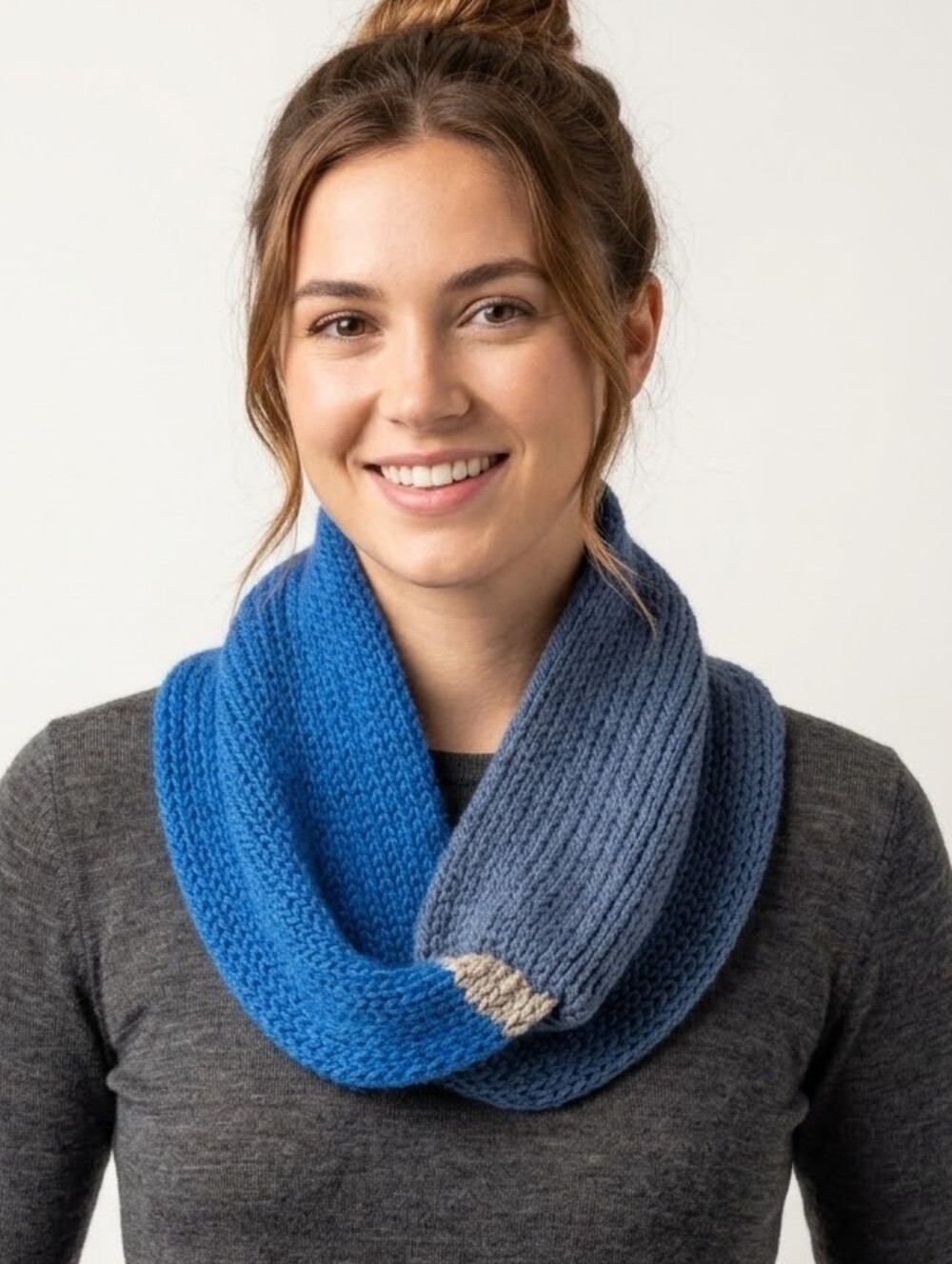 Hand Knit Soft Cozy Double Layer Knit Cowl In Blues Grey And Beige